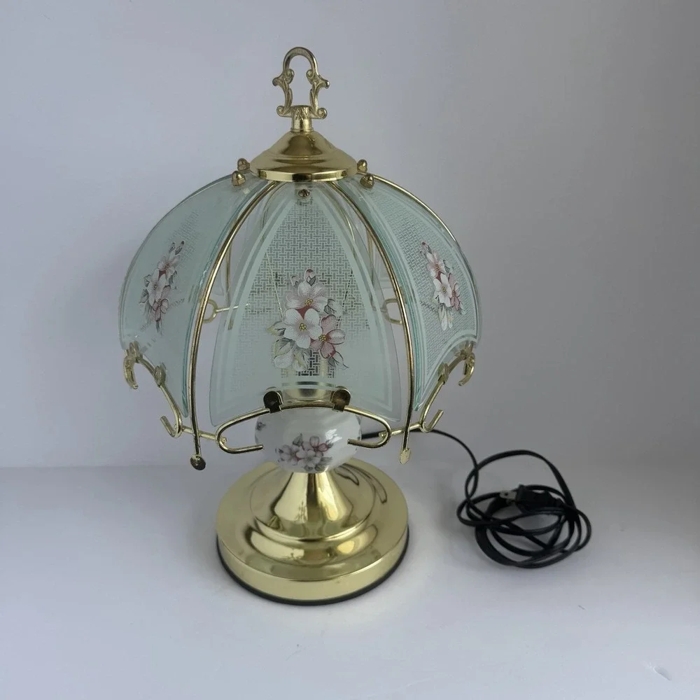 VTG 90s Touch Lamp Printed Floral Design Glass Small Table Lamp *Flaw*